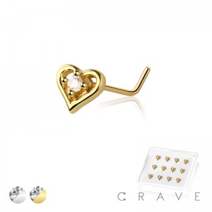 12PCS OF CZ CENTER HEART 316L SURGICAL STEEL L-SHAPE NOSE BOX